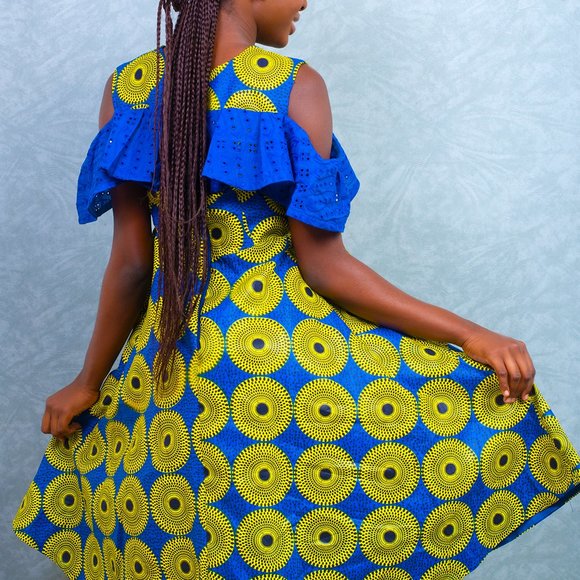 blue yellow fancy collar knee length dress african print ngounbang - Picture 4 of 5